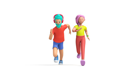 Man and woman running together. fitness training illustration. 3D Rendering - obrazy, fototapety, plakaty
