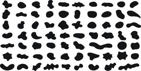 Random black abstract shapes. Set of organic blobs of irregular shape. Simple blotch, inkblot Vector liquid shadows random shapes. Black cube drops simple shapes