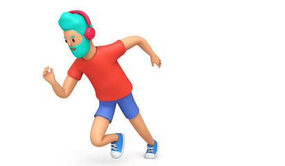 Male cartoon style character in a sprinting position. 3D rendering