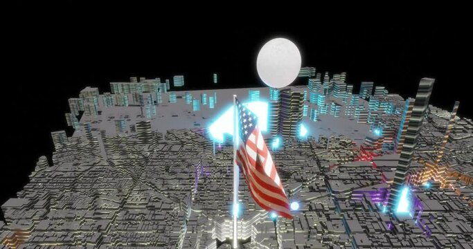 United states of america flag waving over city at night in july 4th celebration, moonlit,  fireworks and building lights, 3d render animation