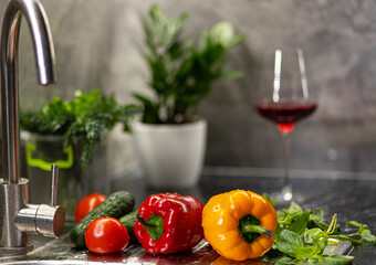 Fresh juicy vegetables in the kitchen