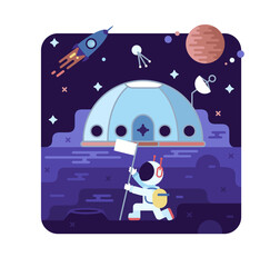 Vector cartoon illustration - astronaut hoisting the flag on the space station