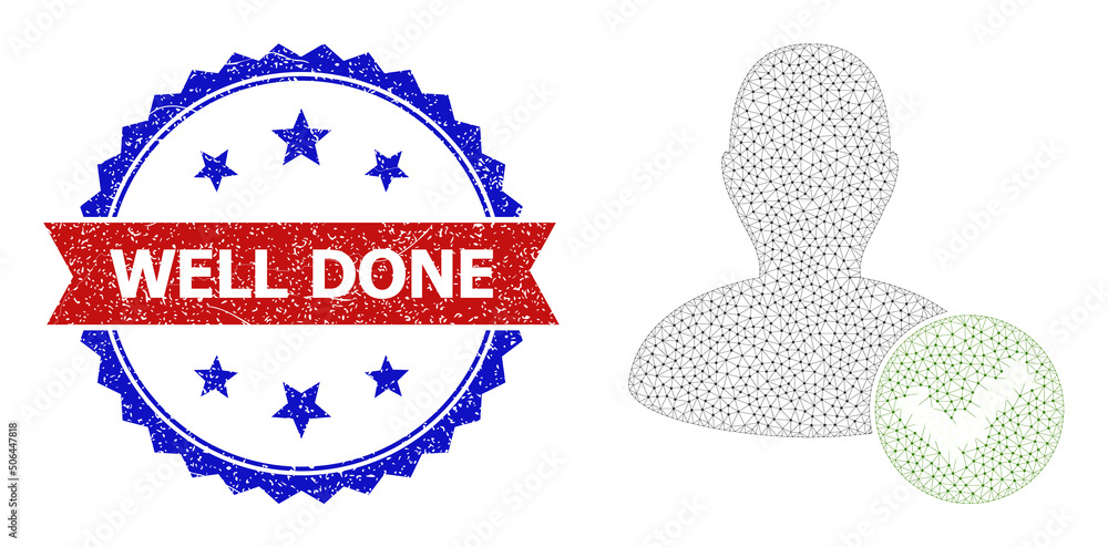 Poster net valid user model illustration, and bicolor rubber well done seal stamp. mesh wireframe illustrat