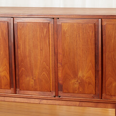 Mid-Century Modern Credenza.  Vintage storage cabinet. Detail view of wood hutch.