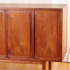 Mid-Century Modern Credenza.  Vintage storage cabinet. Detail view of wood hutch.