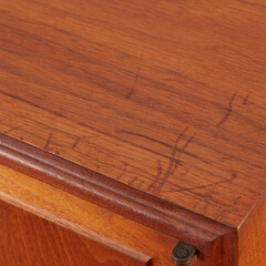 Mid-Century Modern Credenza.  Vintage storage cabinet. Detail view of wood hutch.