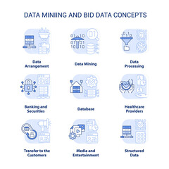 Data mining and big data light blue concept icons set. Database analysis idea thin line color illustrations. Database. Isolated symbols. Editable stroke. Roboto-Medium, Myriad Pro-Bold fonts used