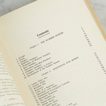 Open Vintage Book, Contents Page. 