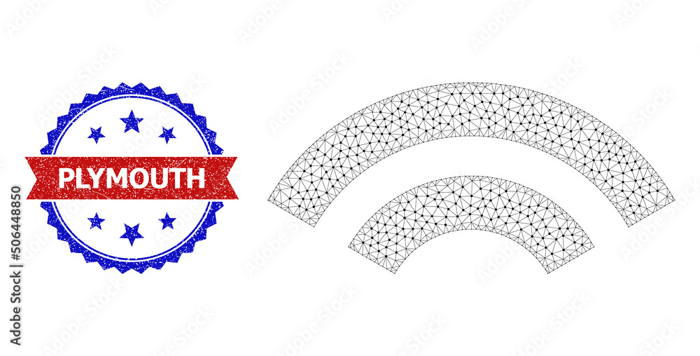 Poster mesh wifi waves wireframe icon, and bicolor scratched plymouth seal stamp. mesh wireframe image desi