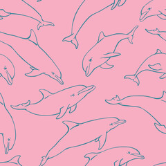 Seamless pattern with dolphin. Hand drawn illustration converted to vector. Marine background.