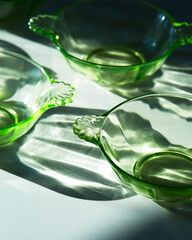Detail of uranium depression glass glowing green and shadow on table © Alene Photographs