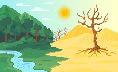 Fototapeta na wymiar Cartoon Color Climate Change Landscape Scene Concept Flat Design Style. Vector illustration of Ecology Problem and Drought Earth