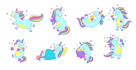 Cartoon Color Characters Unicorns Icons Set Magic Horse Concept Flat Design Style. Vector illustration of Character Mascot Unicorn