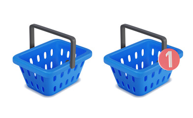 3d Different Blue Shopping Basket Set Plasticine Cartoon Style. Vector illustration of Baskets for Retail Supermarket