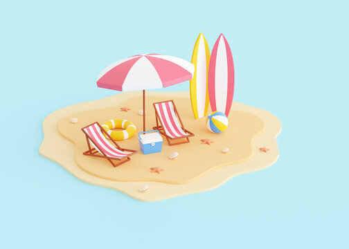 Summer beach vacation 3d render - cartoon sand island with umbrella and lounger.