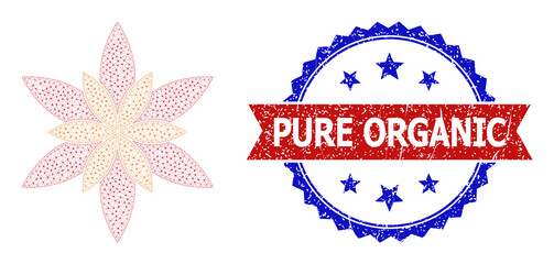 Mesh flower carcass icon, and bicolor dirty Pure Organic seal stamp. Polygonal wireframe symbol designed with flower icon. Vector imprint with Pure Organic tag inside red ribbon and blue rosette,