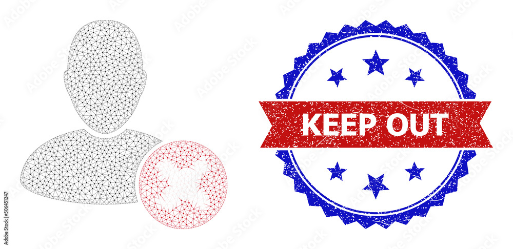 Poster mesh cancel user model icon, and bicolor grunge keep out seal. polygonal carcass illustration create
