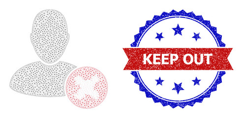 Mesh cancel user model icon, and bicolor grunge Keep Out seal. Polygonal carcass illustration created from cancel user icon. Vector seal with Keep Out title inside red ribbon and blue rosette,