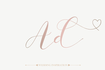 AD monogram logo.Calligraphic signature icon.Letter a, letter d.Lettering sign isolated on light fund.Wedding, fashion, beauty alphabet initials.Handwritten, decorative style characters.