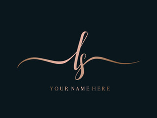 LS monogram logo.Calligraphic signature icon.Lowercase letter l, letter s.Lettering sign isolated on dark fund.Wedding, fashion, beauty alphabet initials.Handwritten style characters.