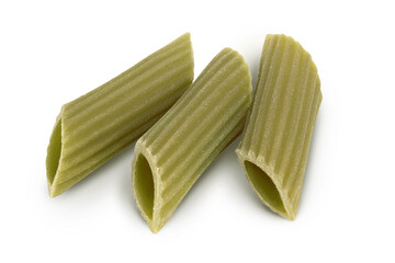 Green pea penne pasta isolated on white background with clipping path. Organic food speciality. Gluten free
