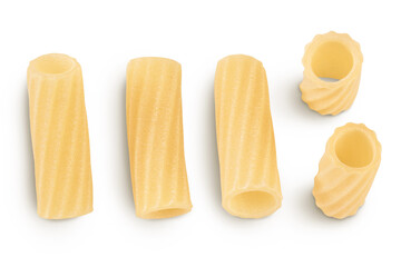 raw italian tortiglioni pasta isolated on white background with clipping path and full depth of field. Top view. Flat lay. Set or collection