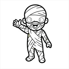 Cute little boy mummy cartoon waving hand vector image, mummy illustration , coloring book page for kids.