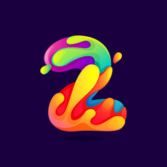 Number two logo with juice splash, waves, and drops. Multicolor icon with glow and gradients.