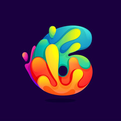 Number six logo with juice splash, waves, and drops. Multicolor icon with glow and gradients.