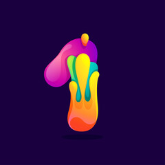 Number one logo with juice splash, waves, and drops. Multicolor icon with glow and gradients.