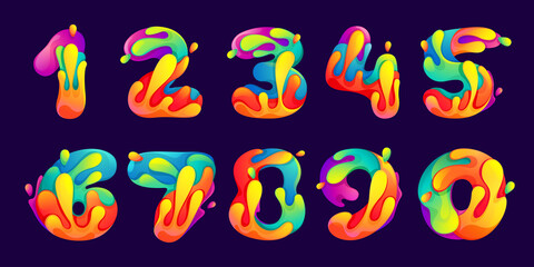Numbers set with juice splash, waves, and drops. Multicolor icon with glow and gradients.