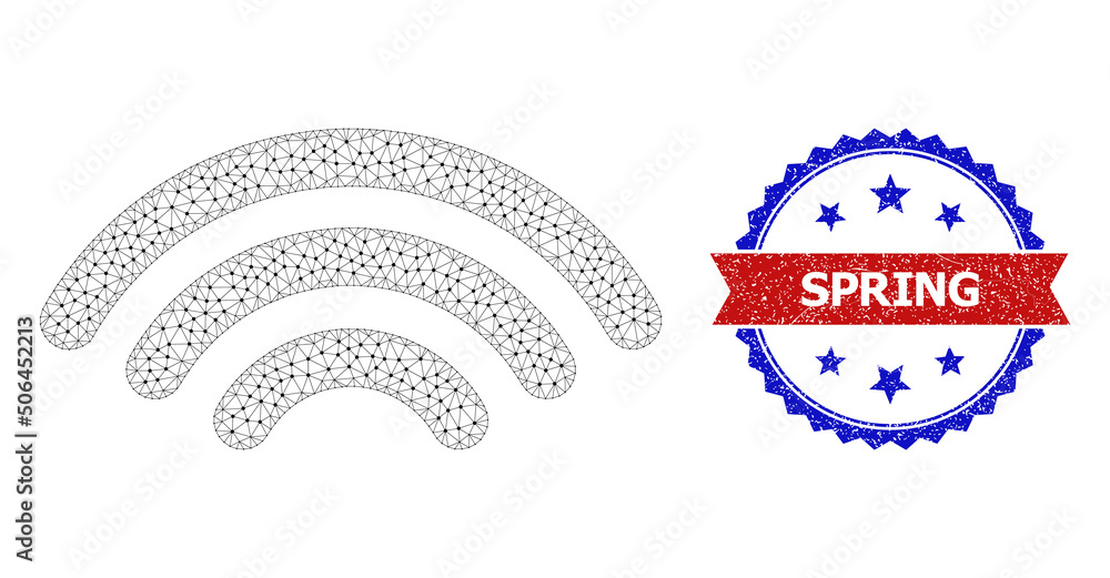 Poster net hotspot signal framework icon, and bicolor dirty spring watermark. polygonal wireframe symbol is