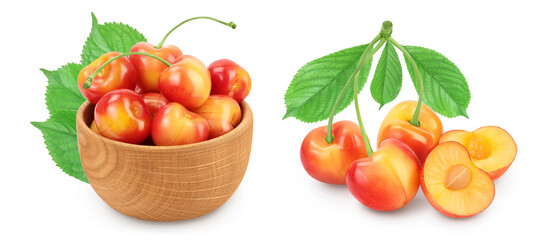 yellow-red sweet cherry in wooden bowl isolated on white background with clipping path and full depth of field. Set or collection.