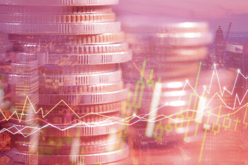 Financial investment concept, Double exposure of stack of coins and city for finance investor, Forex trading market candlestick chart, Cryptocurrency Digital economy. investing growing.economy trends