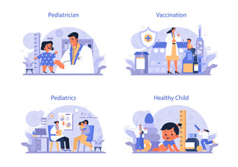Pediatrician concept set. Doctor examining a child with stethoscope