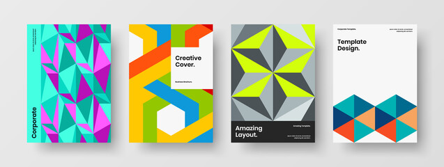 Fototapeta premium Unique geometric tiles flyer illustration bundle. Multicolored company brochure vector design layout collection.