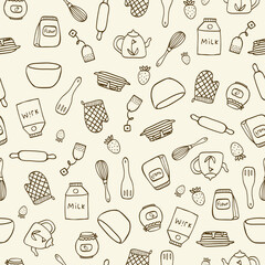 Vector seamless pattern with hand drawn food and kitchen items in doodle style. For feast invitation, fabric, kitchen textile, towel print, cover of cooking book, packaging design, template labels.