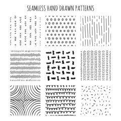 Vector set of 9 seamless patterns. Hand-drawn collection of textures for fabric, textile and linen, decoration and invitation, wallpaper, pattern fills or web page background, gift and wrapping paper