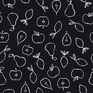 Vector seamless pattern with hand drawn fruits in doodle style. For feast invitation, fabric, kitchen textile, towel print, wrapping paper, cover of cooking book, packaging design, template labels.