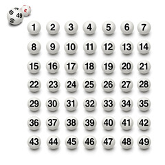 49 Lottokugeln isoliert auf weissem Hintergrund