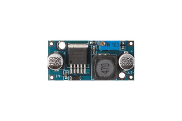 Fototapeta premium Stabilizer and voltage converter lowering circuit board isolated on white. op view.
