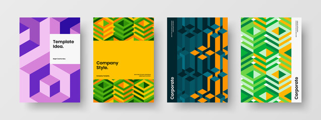 Obraz premium Vivid geometric shapes front page template composition. Trendy flyer A4 vector design concept collection.