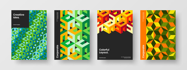 Simple corporate cover design vector concept bundle. Multicolored geometric hexagons company brochure illustration composition.