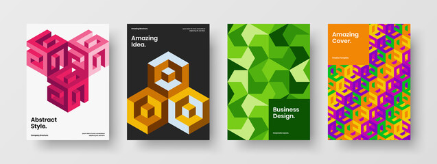 Vivid magazine cover design vector template bundle. Unique geometric hexagons postcard concept collection.