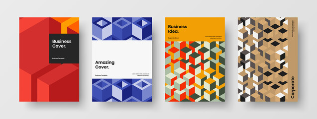 Isolated geometric tiles company brochure layout set. Multicolored annual report design vector illustration composition.