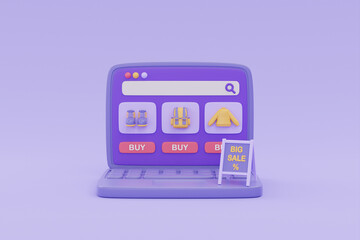 Online shopping store on laptop with BIG SALE sign on purple background, digital marketing promotion, 3d rendering.