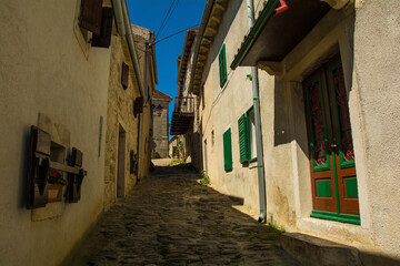 An historic residential street of in the medieval village of Hum in Istria, western Croatia, often referred to as the smallest town in the world
