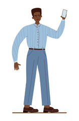 Black businessman with mobile phone. Character wearing business