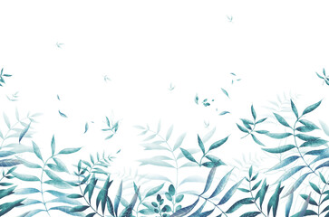Bouquet border - cold green nuance leaves. Leaf watercolor illustration. Watercolor seamless border. Floral illustration. Foliage pattern. Decorative design.