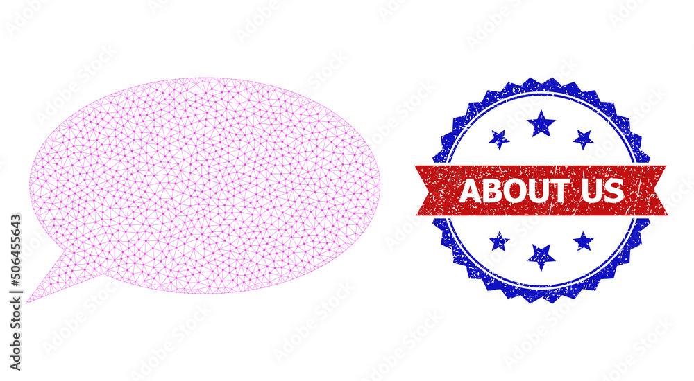 Poster net talk message wireframe illustration, and bicolor grunge about us watermark. polygonal wireframe 